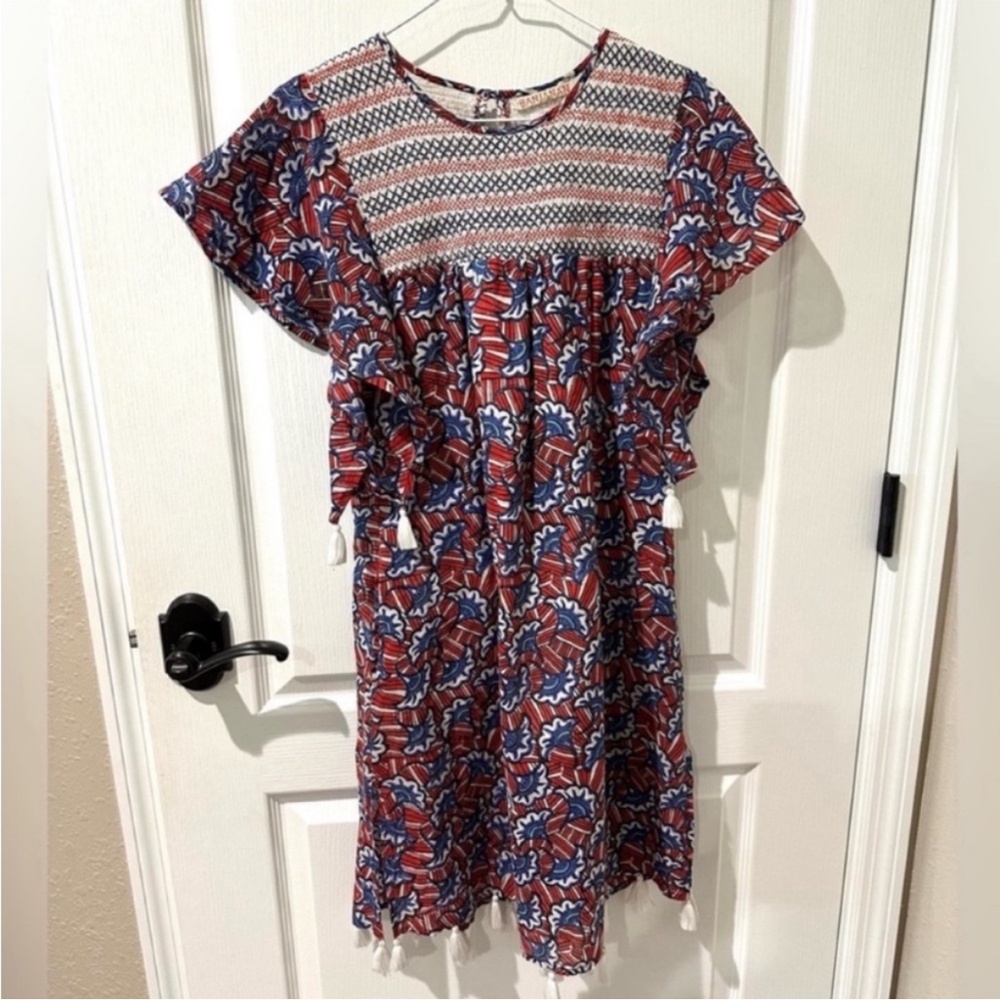 Banjanan Red and Blue Smocked Flutter Sleeve Tasseled Dress